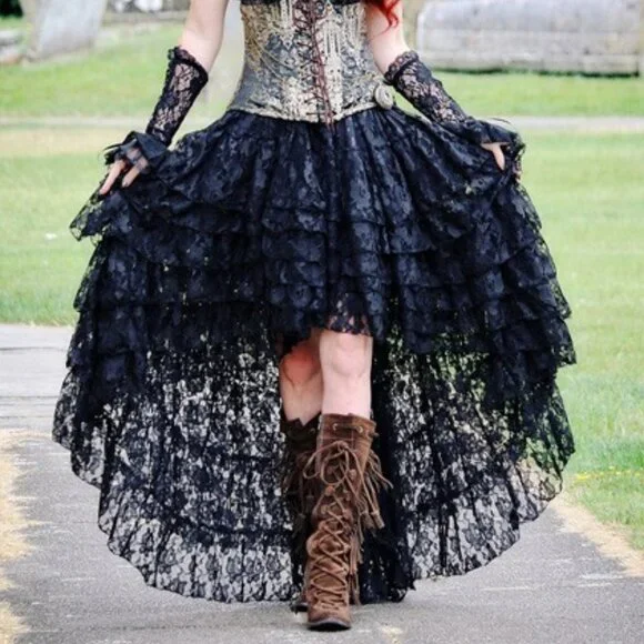 BURLESKA AMELIA SHEER BLACK FLORAL LACE HI LOW GOTHIC SKIRT UK XL / XXL WEDDING